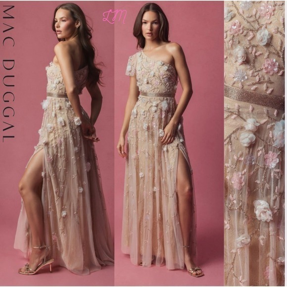 Mac Duggal 9165 Floral Embellished One Shoulder A Line‎ Gown Size 4 Blush Pink - Picture 1 of 15